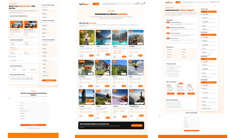 NexGo Travels Car Booking Activities and Travel Booking Page Preview