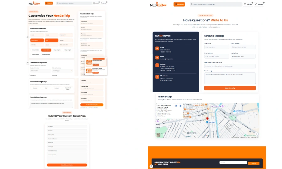 NexGo Travels Custom Booking Forms and Contact Us Page Preview